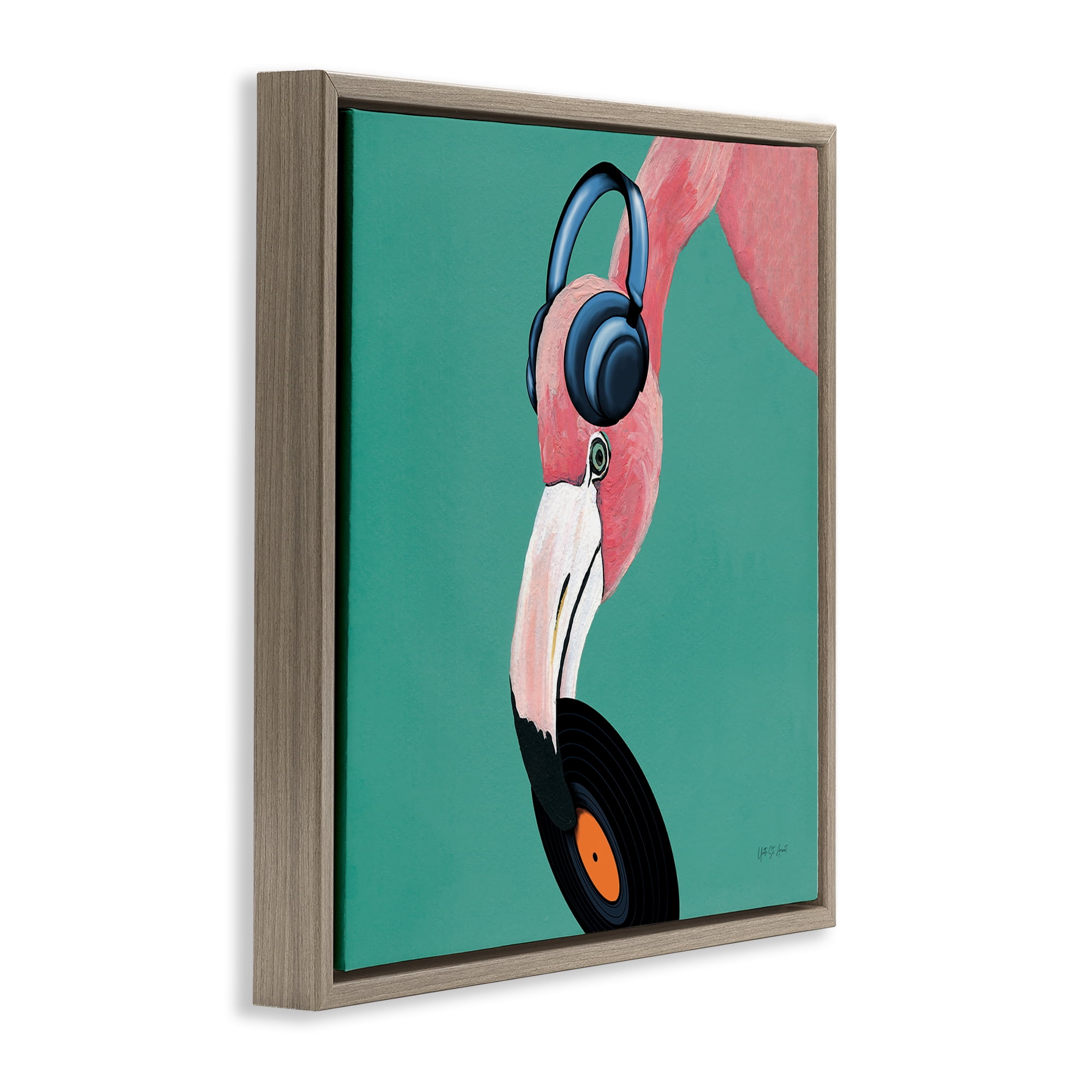 Stupell Industries Flamingo with Music Record Entertainment Painting Brown Floater Framed Canvas Art Print Wall Art, 18 x 18