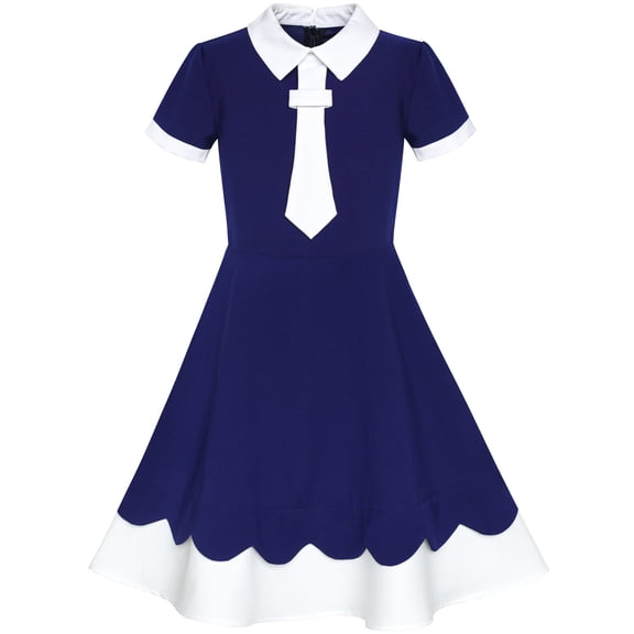 Girls Dress Back School Uniform Navy Blue White Collar Tie Short Sleeve 5 Years