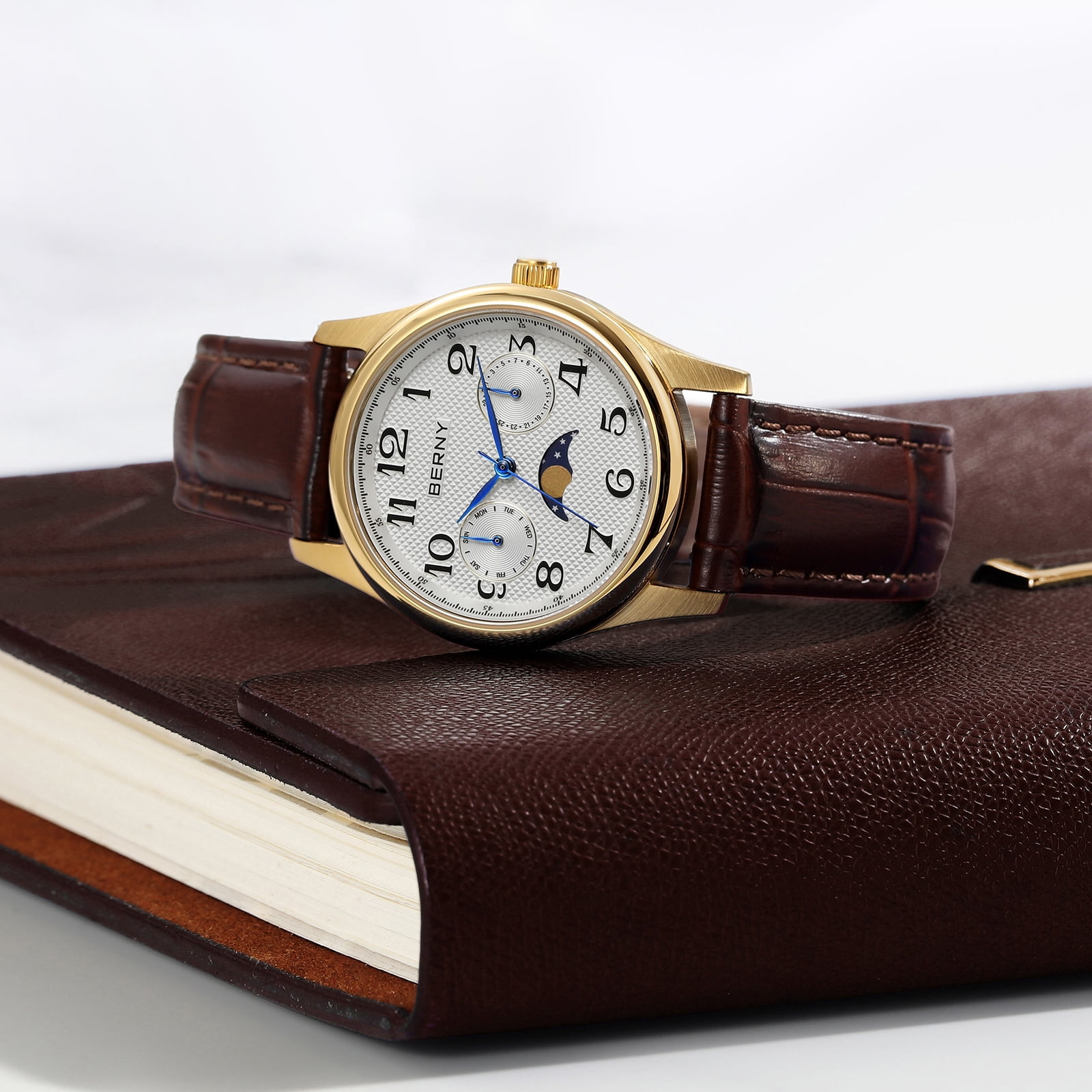 BERNY Dress Watches for Women, MultiFunction Leather Watch with Moon Phase, Day & Date Calendar, Stainless Steel Case, Easy to Read, Waterproof, Ladies Analog Quartz Wrist Watch (Gold)
