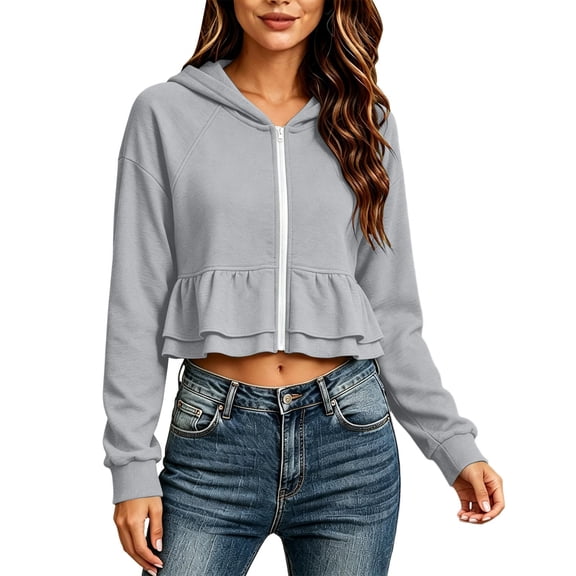 Njagoc3 Women's Cute Cropped Ruffle Hoodie Zip up Long Sleeve Sweatshirt Pullover Jacket Lightweight Hooded Cardigan