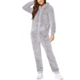 thumbnail image 3 of PXLKNZH Womens Fleece Onesie Plus Size Solid Color Pajamas Jumpsuit Warm Sherpa Romper Sleepwear One Piece Zipper Lounge Hooded Playsuit Gray,L, 3 of 7