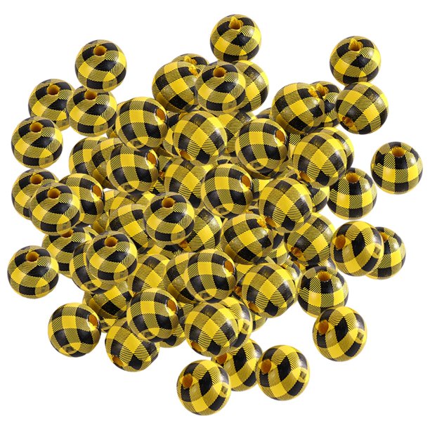 100 piezas de redondas de madera para manualidades, pulseras, guirnaldas, decoración de granja, fabricación de joyas, accesorios DIY de 16mm cuadrícula negra sobre amarillo Yuyangstore cuentas de madera