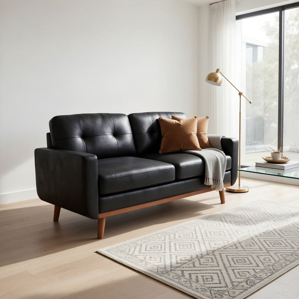 Hommoo 65" Mid-Century Modern Two-Seater Sofa, Breathable Foil Polyester Fabric, Solid Wood Legs, Tool-Free Assembly, Black