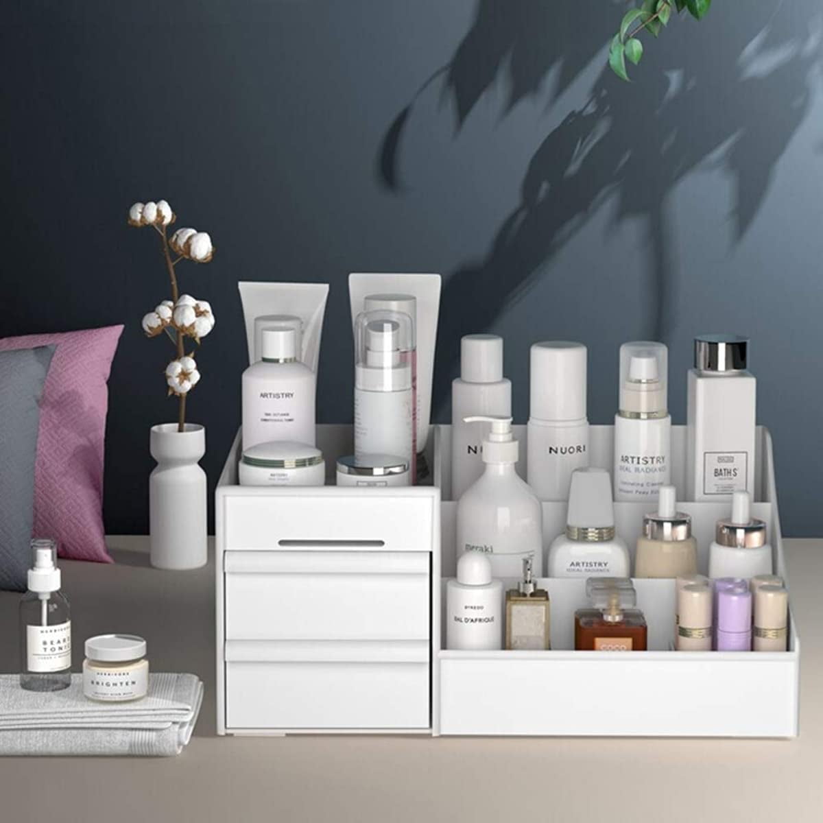 Organisateur Maquillage Rotatif 360° - Coiffeuse 3 Étages Avec Tiroirs, Support Pinceaux - Blanc