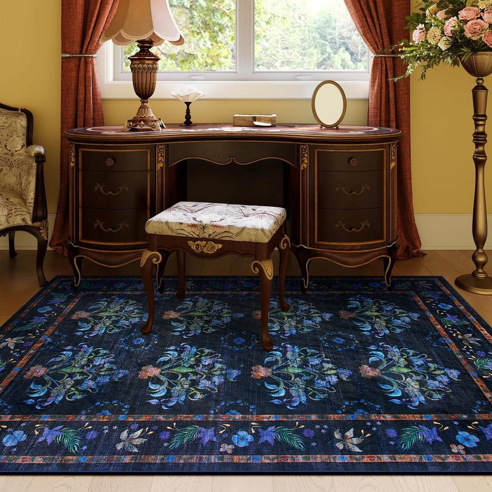Jamfeel Rugs for Living Room Classic Boho Floral Print Floor Carpets Soft Low Pile Non-slip Washable Area Rug 4'x6' Black