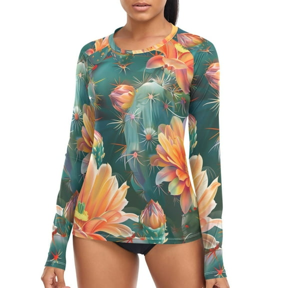 joogoo Womens UPF 50 Sun Shirts Cactus Flowers Long Sleeve UV Protection Rash Guard Tops S