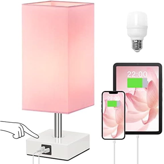 Touch Control Table Lamp with 2 USB Charging Ports, 3 Way Touch Lamps Beside Desk, Nightstand Lamp for Bedrooms Living Room, Pink Shade with White Base, LED Bulb Included(Pink)