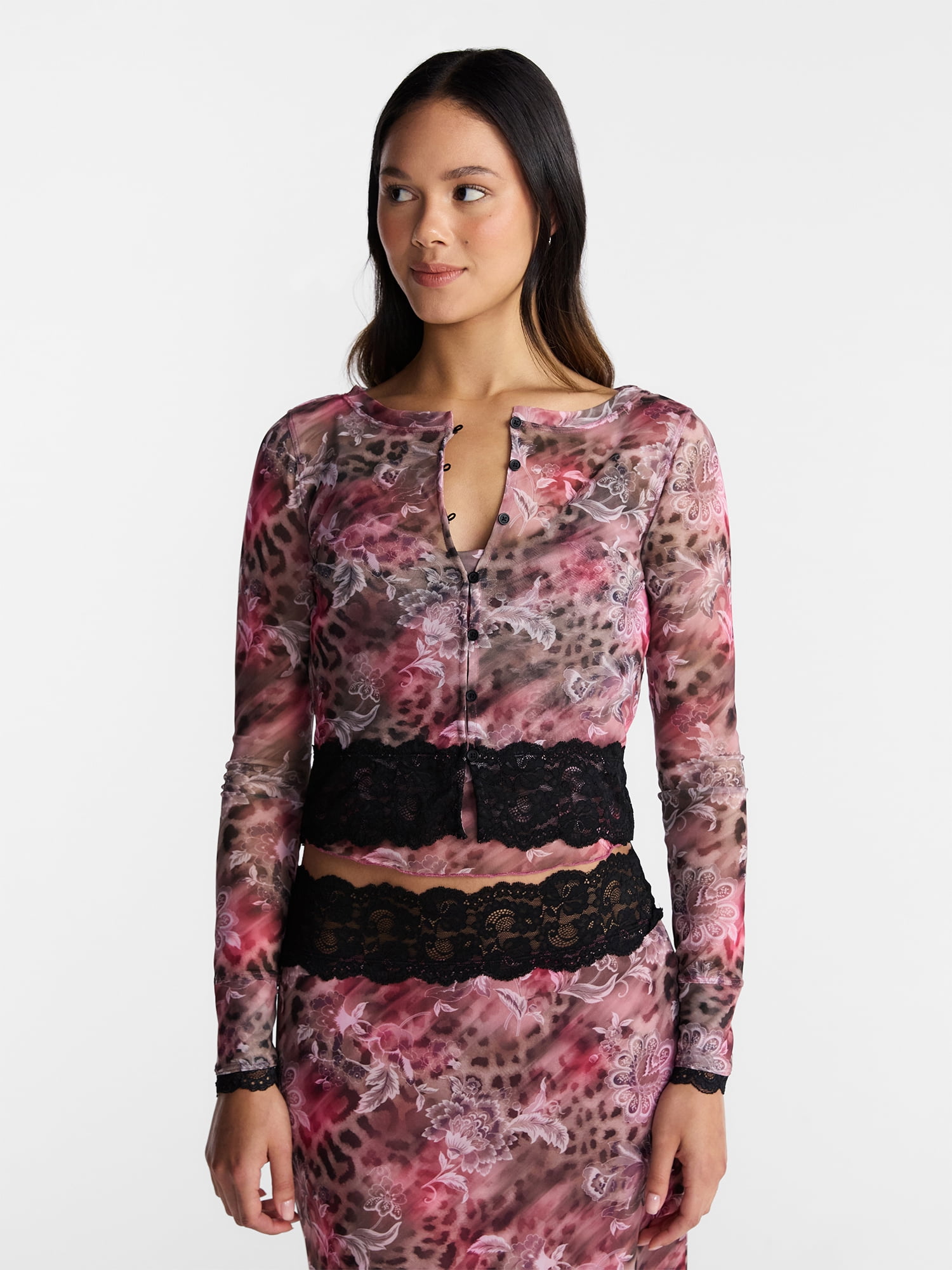 No Boundaries Cowl Neck Tank Top and Cardigan Set with Lace Trim, 2 Piece, Women’s XXS-XXL