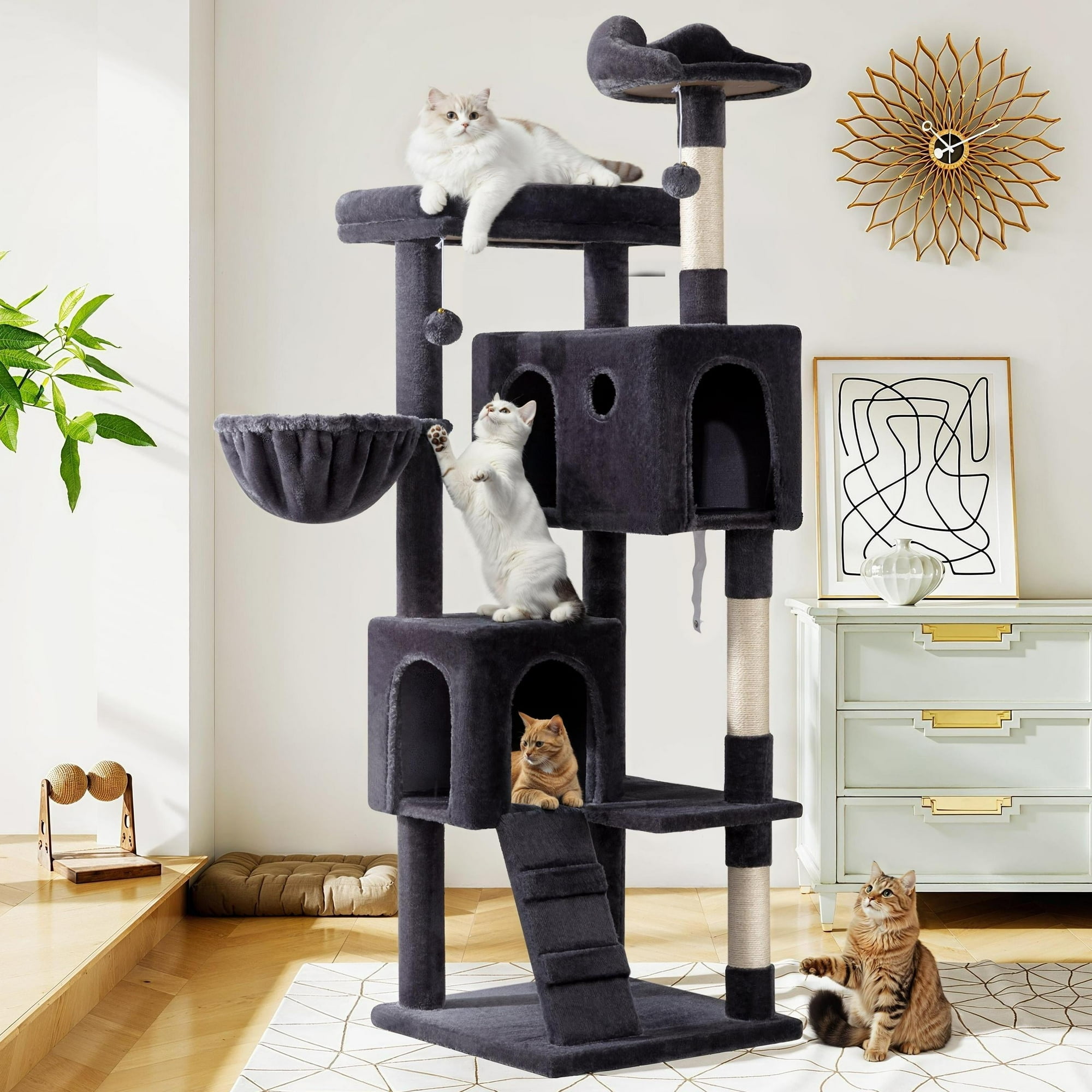 Amolife 64" Large Cat Tree and Tower with Stair, Condo House & Scratching Posts for Indoor Cats, Dark Blue