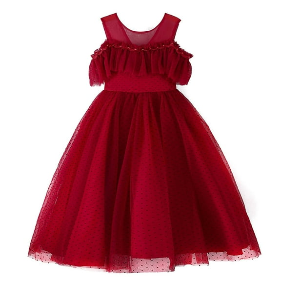 Odeerbi Girls Dress Baby Girls Clothes Kids Dress Sleeveless One Shoulder Princess Dress Flower Mesh Polka Dot Dress Burgundy