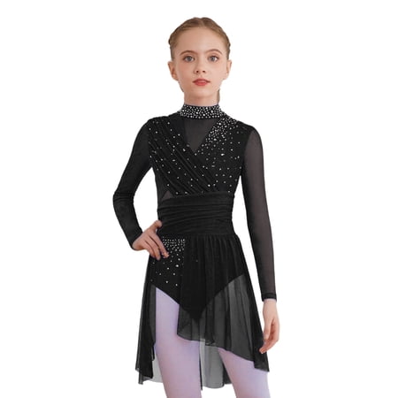 Yartina Lyrical Dance Dress for Girls Rhinestones Long Sleeve Mesh Ruched Ballet Figure Skating Dress Black 8