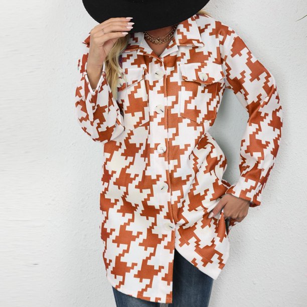 Pntutb, top de solapa para mujer, manga larga, patrón de mil pájaros, abrigo de lana estampado, abrigo/chaqueta informal de manga larga sin capucha Pntutb Pntutb-1403