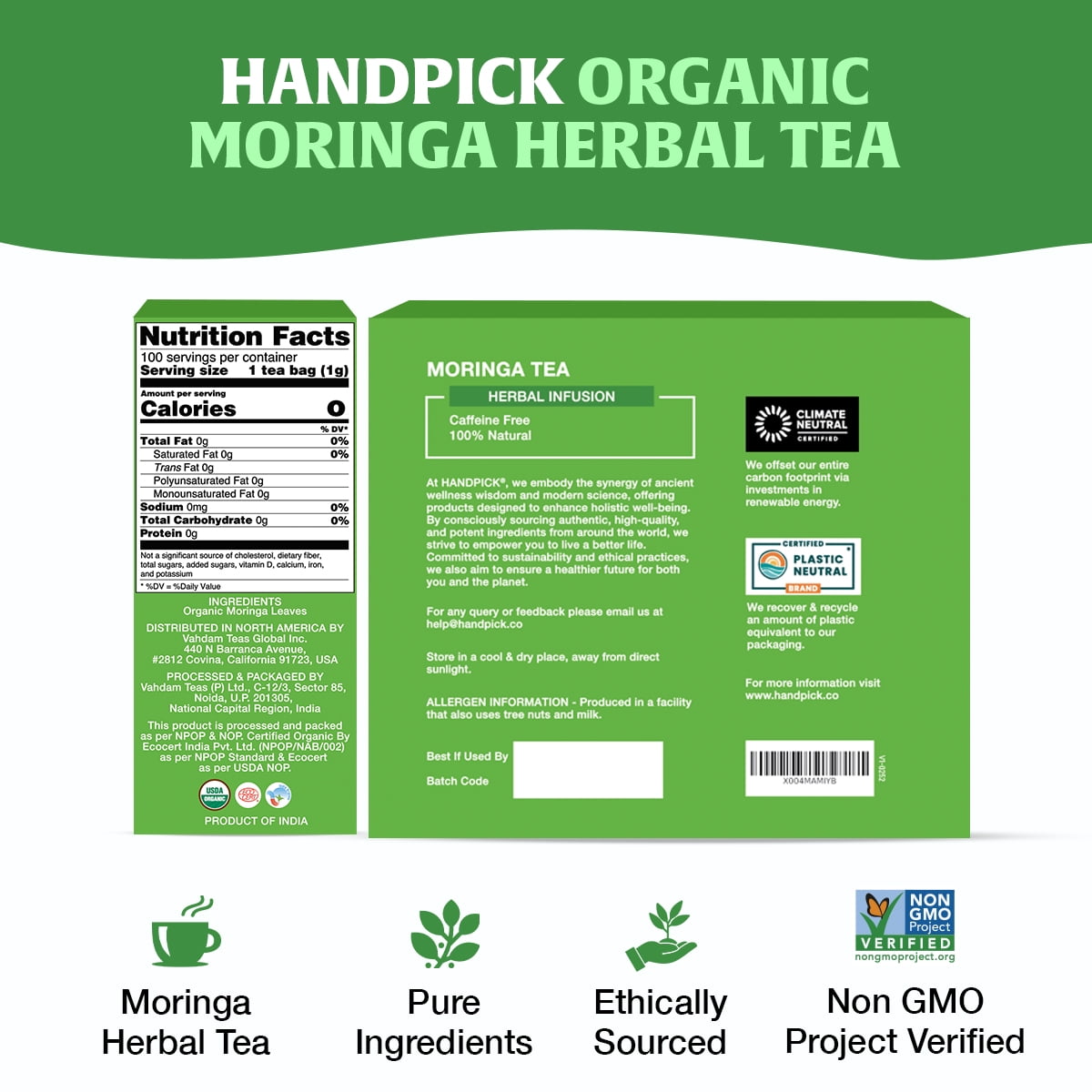 HANDPICK Organic Moringa Tea Bags (100 Count), Pure Moringa Leaves | Authentic Indian Origin