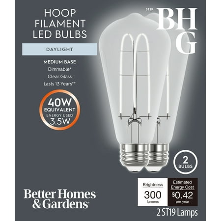 Better Homes & Gardens ST19 LED Vintage Light Bulb, 3.5W (40 Equivalent) Daylight Dimmable E26 Base 2 Pack