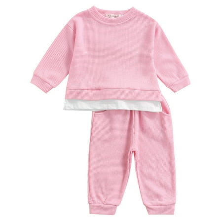 

Nokpsedcb 2PCS Infant Toddler Kid Baby Boys Girls Round Collar O-Neck Sweater Elastic Waist Long Pants Pink 12-18 Months