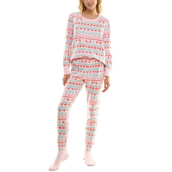 Roudelain Women's 2-Pc. Printed Pajamas & Socks Set - Prancer Fairisle, Size X-Large