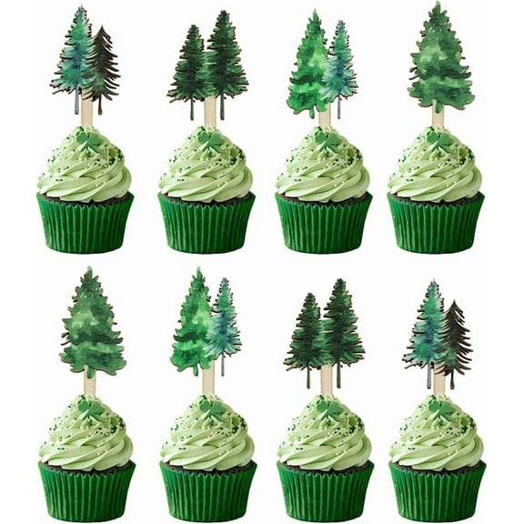 Winter Forest Theme Birthday Baby Shower Wooden Cupcake Toppers 16Pcs, Christmas Party Cupcake/Desserts Picks Green, Winter Party Decorations Supplies Favors