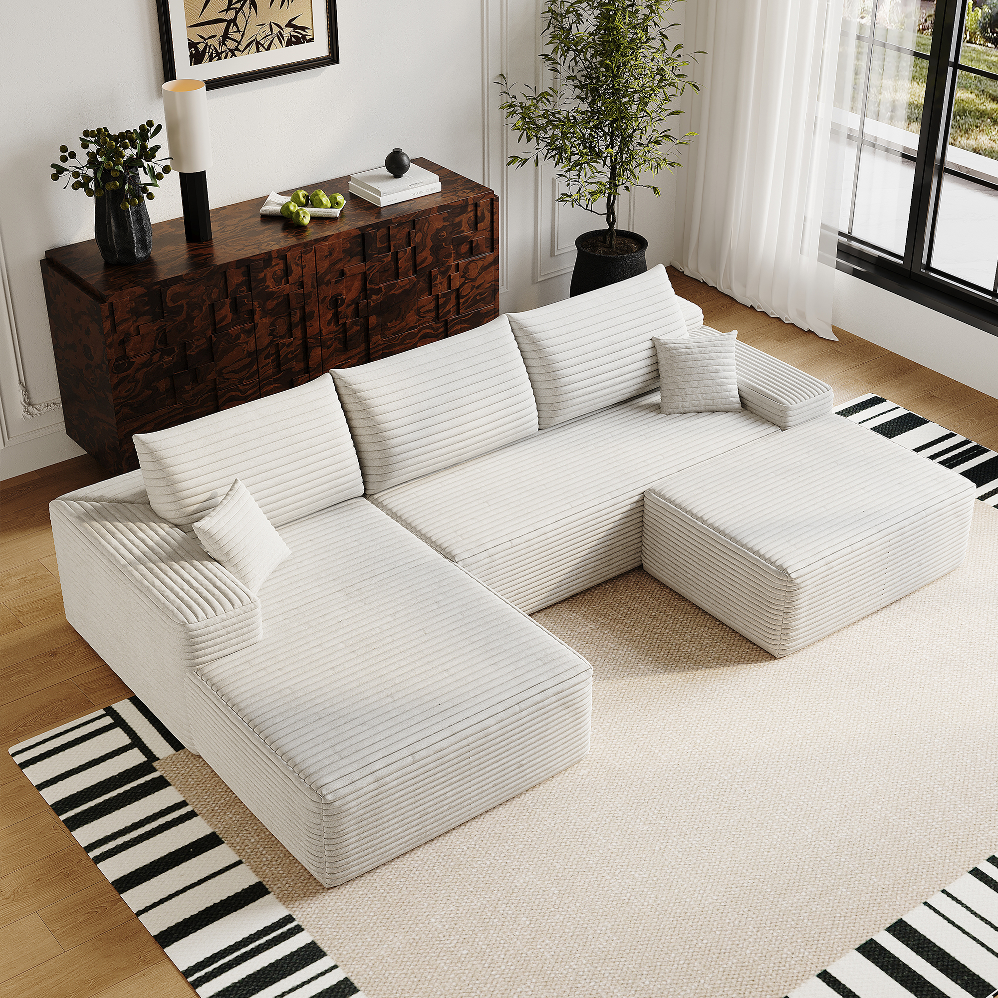 MAYEERTY 107" Cloud Sectional Sofa with 1 Ottoman, Modern Minimalist U-Shaped Deep Seat Couch, No Assembly Plush Corduroy Fabric, White (3 packages)