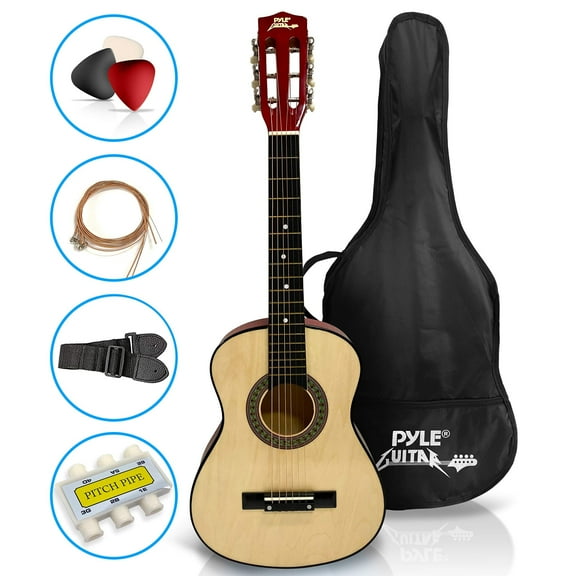 Pyle 30 Classical Acoustic 6 String Linden Traditional Style Guitar w/Wood Fretboard, Case Bag, Nylon Strap, Tuner, 3 Picks-for Beginner, Children Use, Right Handed, PGAKT30