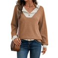 thumbnail image 1 of Camisetas de Larga de Moda de Otoño para Mujer, Sudaderas con Cuello en V y Botones de Patchwork, Tops Casuales Tipo Pulóver Color Caramelo XXL, 1 of 9
