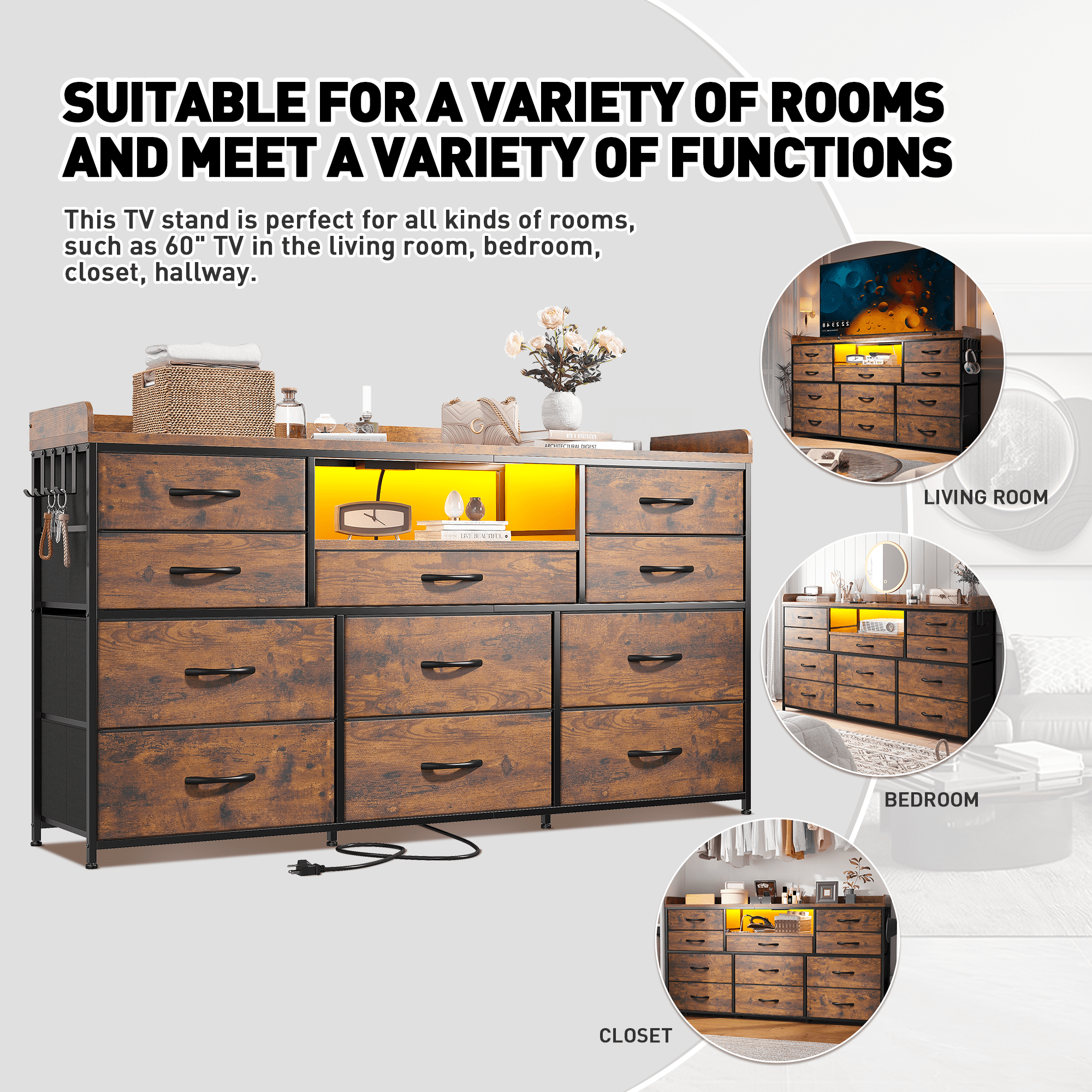 EnHomee TV Stand for 55" TV Fabric Dresser with LED Lights & Power Outlets,Rustic Brown