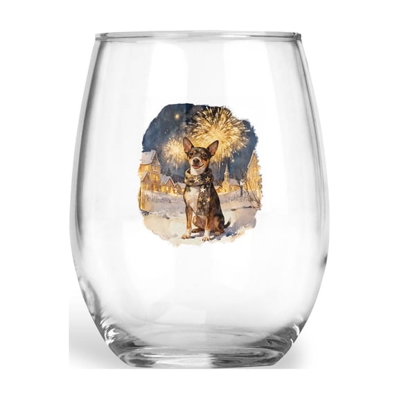 Rat Terrier Happy New Year 2026 with Fireworks on New Year's Eve 15oz Stemless Wine Glass Mug Ratty Dog Lover Wine Glasses Cup - 12022