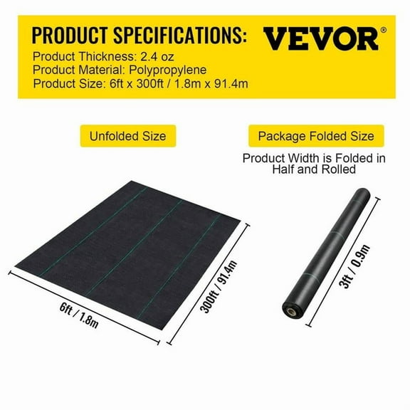 VEVOR 6FT×300FT Premium Weed Barrier Fabric Heavy Duty 2.4OZ, Woven Weed Control Fabric, High Permeability Good for Flower Bed, Geotextile Fabric for Underlayment