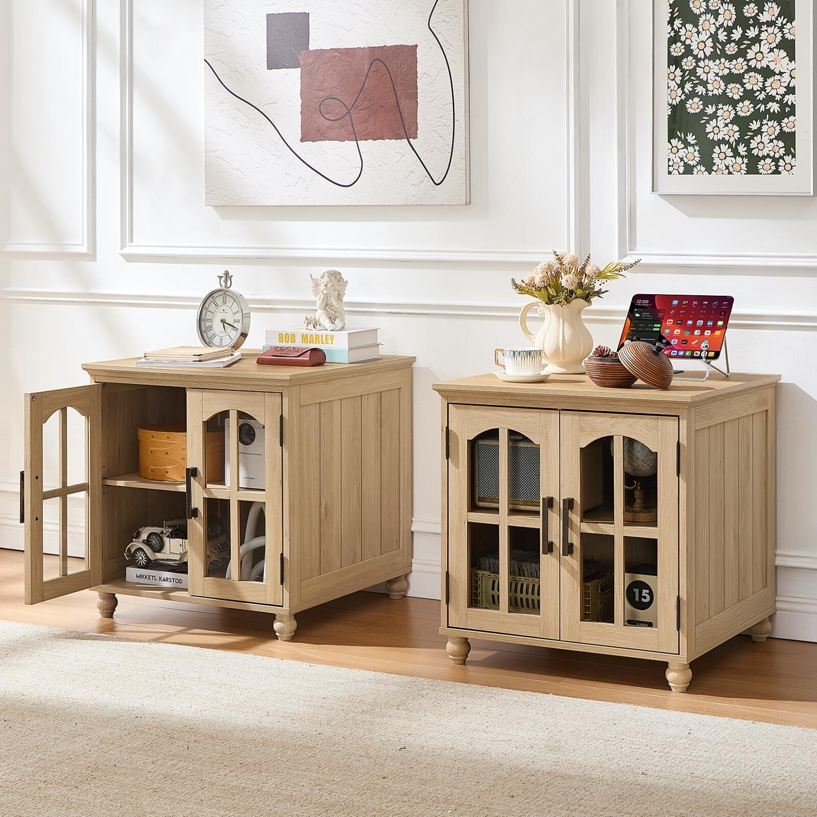 Buildhom Farmhouse End Table with Charging Station, 2pc 24" Wide Nightstand with Glass Barn Door & Adjustable Shelf for Living Room, Natural