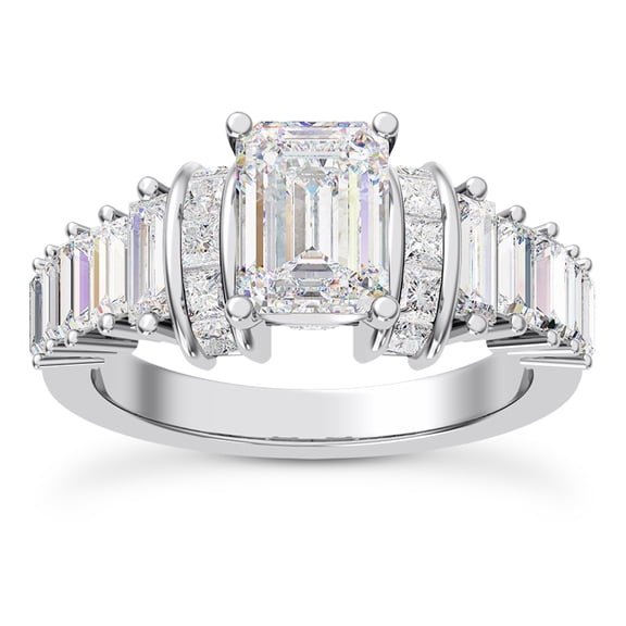Oryn Jewel 2.3 Ct Emerald Cut Lab Created Diamond Ring - Princess-Cut and Baguette Solitaire Design Engagement and Wedding Band in 14K White Gold Over Jewelry - Stylish Moments Rings