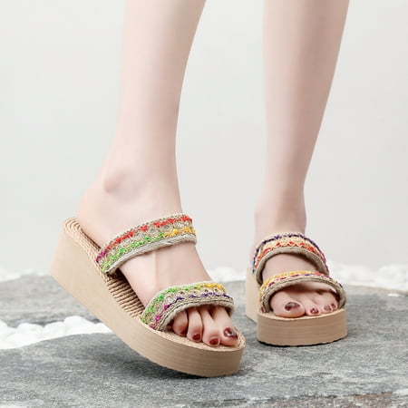 

YOUSNH Ladies Summer Bohemian Style Rope Weaving Beach Outside Wear Slope Heel Large Size Sandals Slippers Womens Sandals Green 6.5(37)