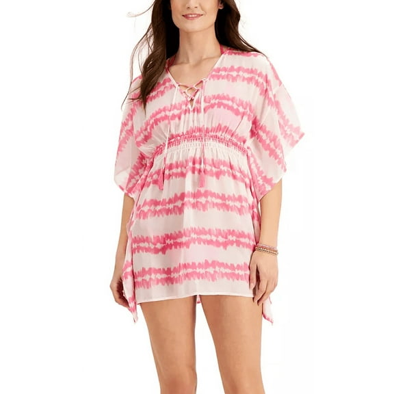 Miken ROSSE PINK Juniors' Tie-Dyed Stripe Lace-up Swim Cover-up Dress, US Large