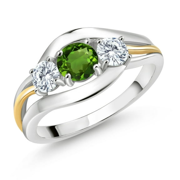 Gem Stone King 925 Sterling Silver and 10K Yellow Gold Round Green Chrome Diopside and White Moissanite 3 Stone Ring for Women (0.96 Cttw, Size 7)