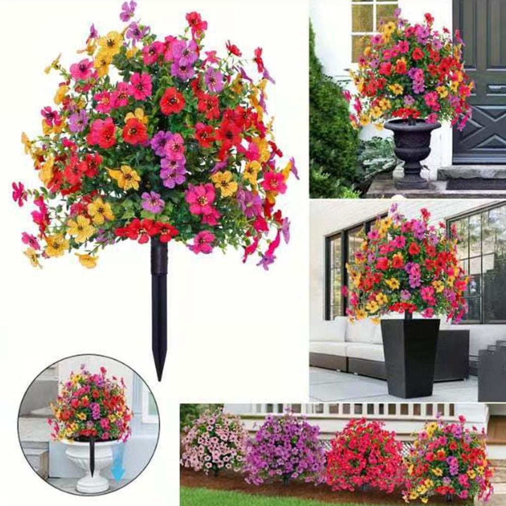 Artificial Flowers with Ground Spikes, Artificial Boxwood Topiary Ball Bush with Flowers for Outdoor, UV Resistant Faux Greenery Shrubs for Garden, Yard