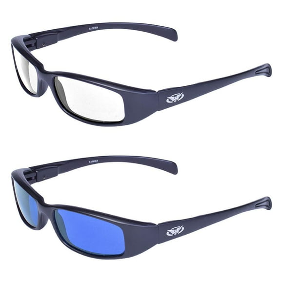 2 Pair Global Vision New Attitude Black Sport Motorcycle Riding Sunglasses 1 with Blue Lens and 1 with Clear Lens