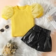 thumbnail image 2 of REORIAFEE Toddler Girl Summer Outfits Clothes Girls Set Disco Outfit Toddler Kids Baby Girls Puff Sleeve Tops + Lace Up Shorts Outfits Set Yellow 4-5 Years, 2 of 5