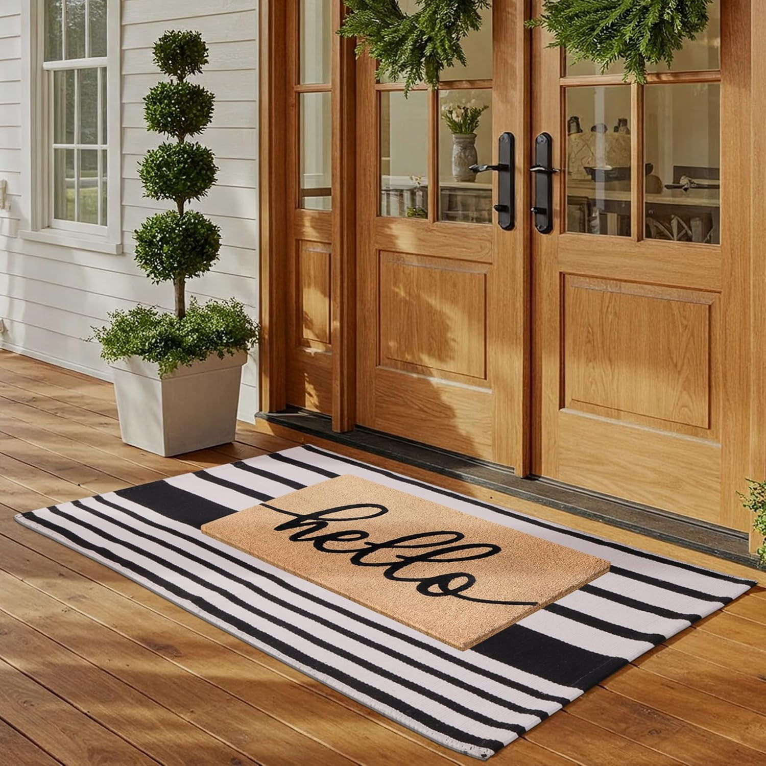 A1HC Black & White Striped Front Door Rug, 24x51 in, Hand-Woven Cotton, Washable, Fade-Resistant Layered Rug for Porch & Entryway