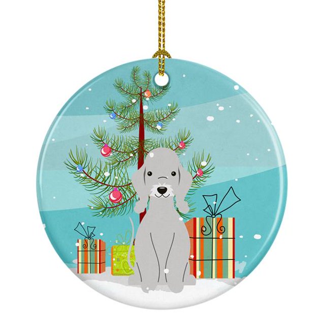 Merry Christmas Tree Bedlington Terrier Blue Ceramic Ornament