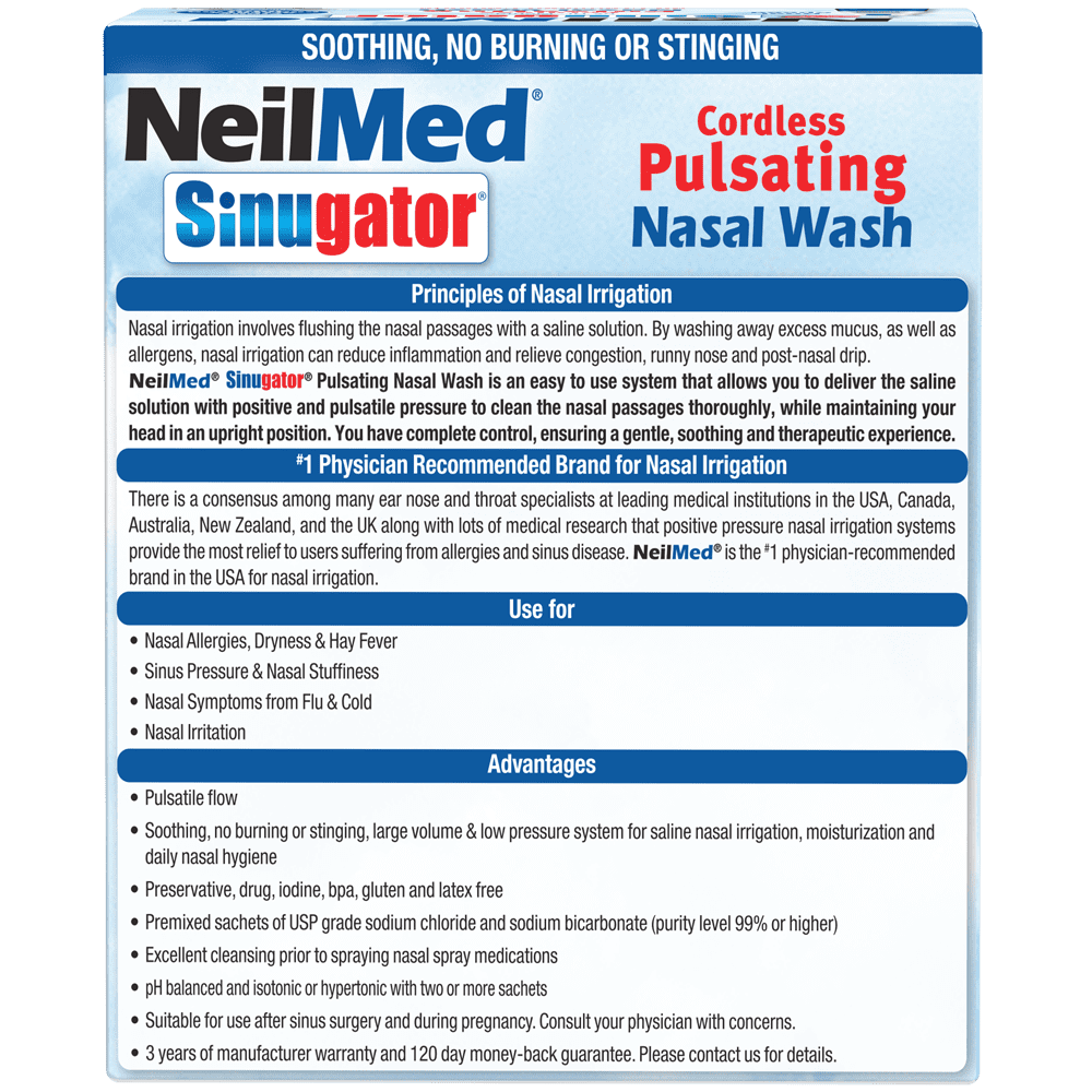 NeilMed Sinugator Cordless Nasal Irrigator Dual Speed Kit - 30 Pack, 3 AA Batteries, Pulsating Flow Technology, Blue