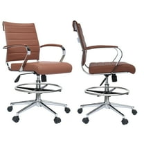 Homelala Set of 2 Brown Office Drafting Chair Ribbed Padded Open Mid Back With Wheels And Chrome Arms For Home Office
