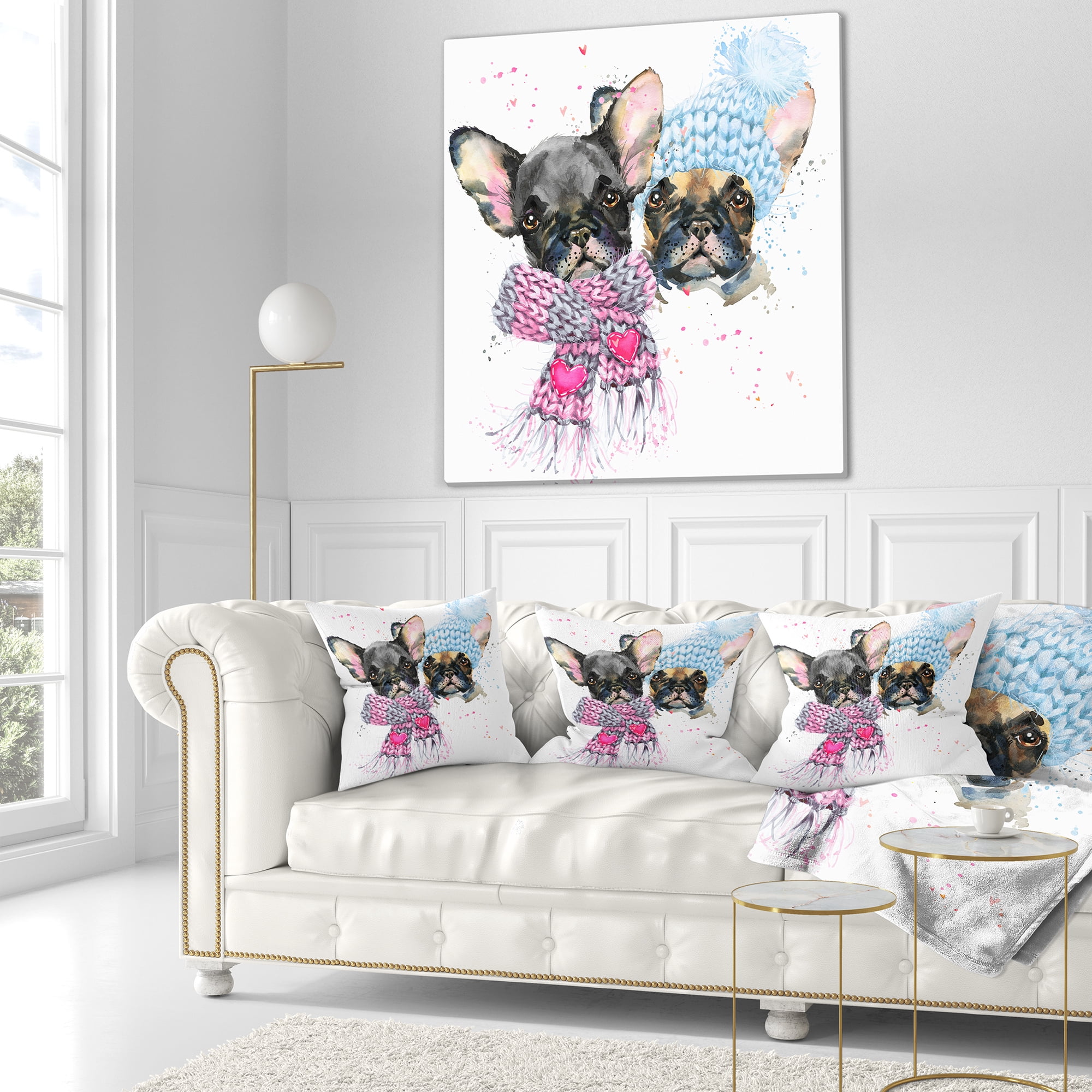 Designart Lovely Puppies with Neck Shawls - Contemporary Animal Throw Pillow - 18x18