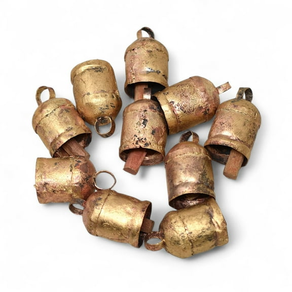 Set of 10 Rustic Christmas Bells with Red Ribbon Roll – Vintage Handmade Metal Cow Bells for Farmhouse Holiday Décor, Shabby Chic Jingle Bells for Tree, Door, and Wall Hanging Decorations