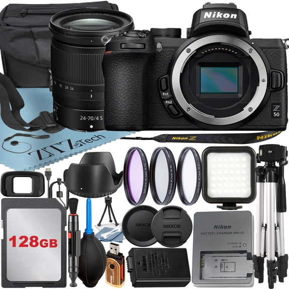 Nikon Z50 Mirrorless Camera with NIKKOR Z 24-70mm f/4 S Lens   SanDisk 128GB Card   Case   3 Pieces Filter   Flash   ZeeTech Accessory Bundle