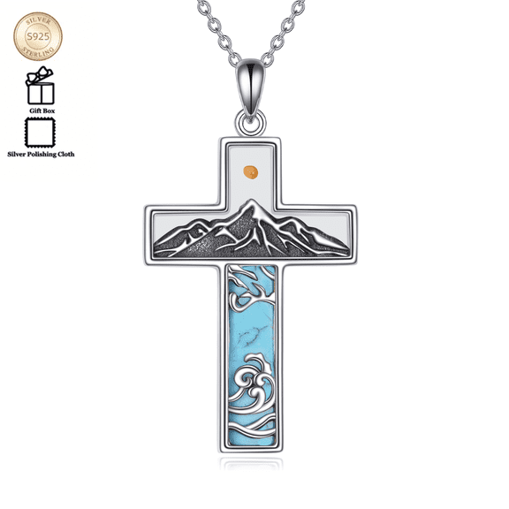 Mustard Seed Cross Necklace S925 Sterling Silver Turquoise Mountain Pendant Necklaces Religion Faith Jewelry Gifts for Women