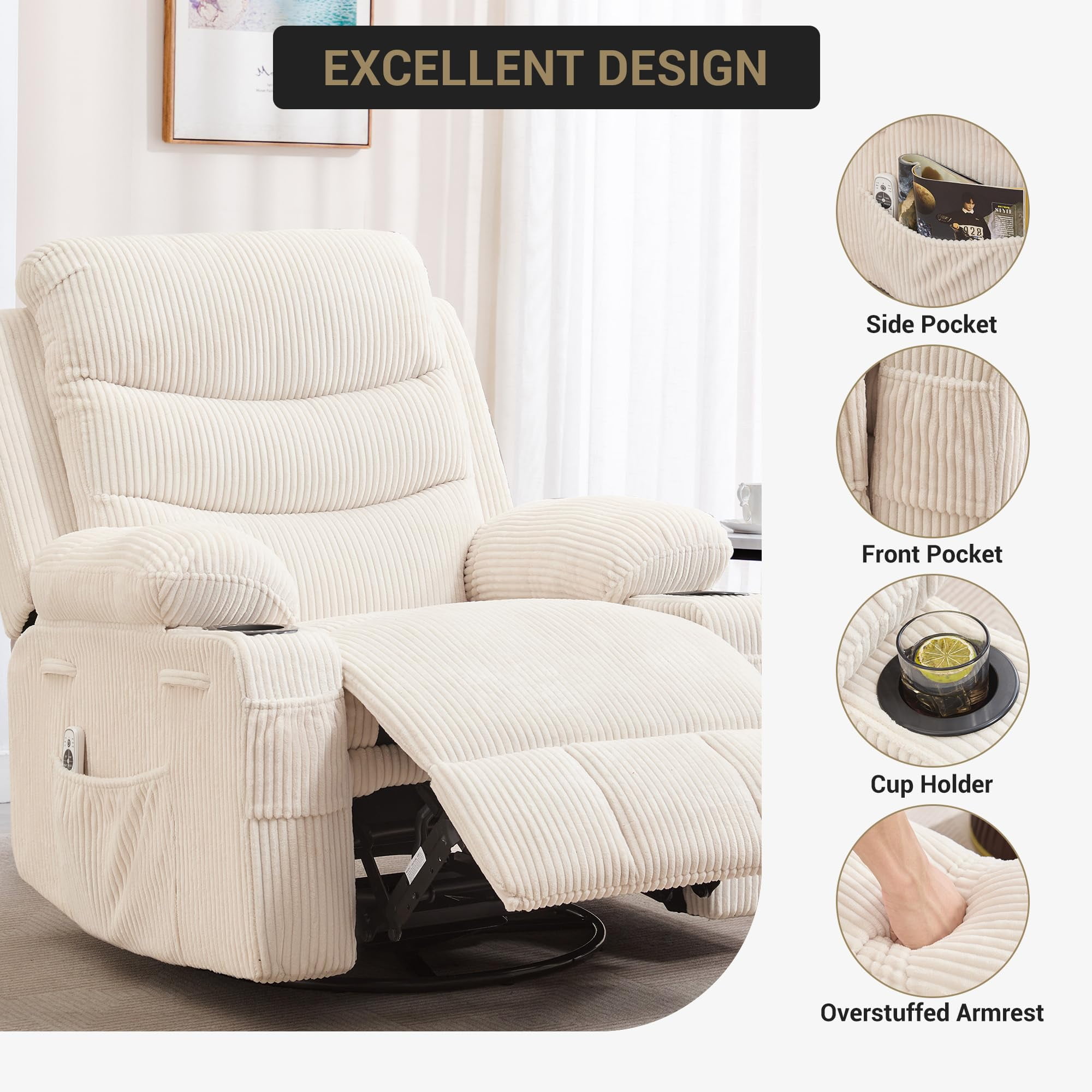 Recliner Chair Nursery, Oversized Manual Reclining Rocking Chair, 360 Swivel Glider with Cup Holder, Massage and Heat Recliner, Indoor Small Single Sofa Chairs for Adults RV Bedroom, Beige/Grey/Brown