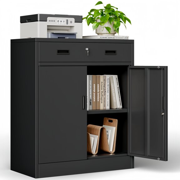 CJF Metal Storage Cabinet, 36" H Locking Storage Cabinet with 1 Drawers and Adjustable Shelf, Steel Cabinets for Office, Garage, Home (Black)