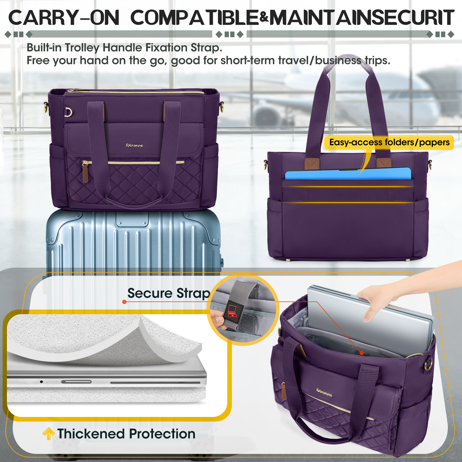 RAINSMORE Teacher Tote Bag 15.6 inch Laptop Bag for Women with Small Bag Professional Work Tote Bags Nurse Bag Computer Briefcase,Deep purple