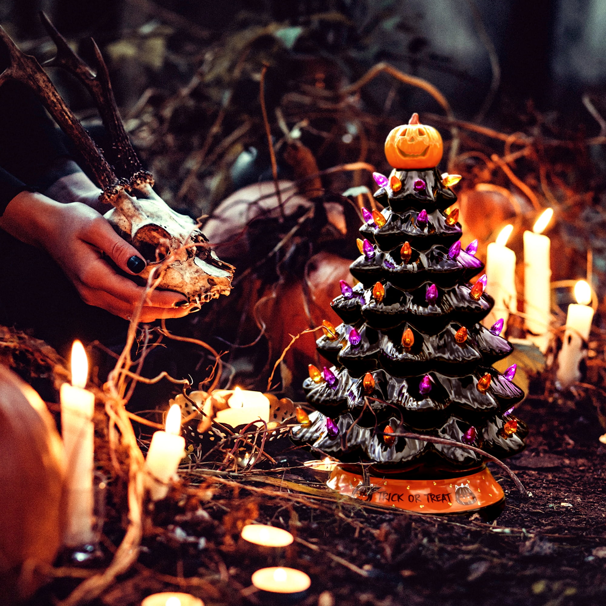 RJ Legend Ceramic Tree, 15" Halloween Handcraft Cordless with Pumpkin Head, LED Light Bulbs, - Black