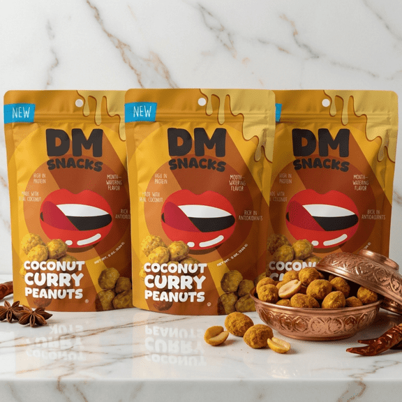 DM Snacks Coconut Curry Peanuts - 3 Resealable Bags 8 Oz. Each - 1.5 lbs Total Crunchy Roasted Nuts