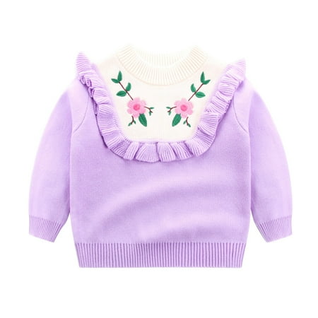 

ASFGIMUJ Toddler Girls Sweater Boys Winter Long Sleeve Flower Embroidery Ruffles Knit Warm Clothes Tops 2 Years-3 Years