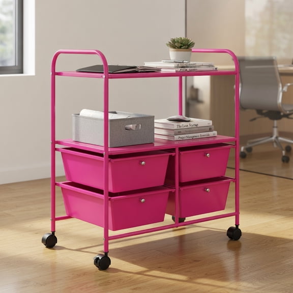 GVN Mobile Shelving Unit Organizer Utility Cart,4 Drawers Shelves Rolling Storage Cart Rack-Hot Pink